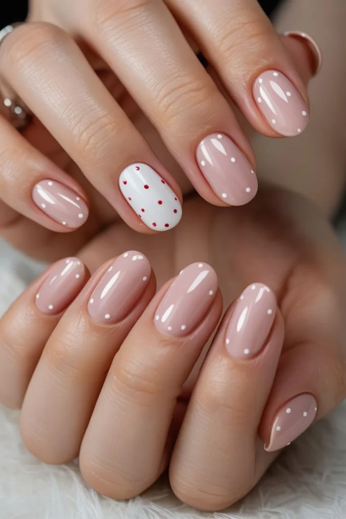 This soft nude mani with tiny white and red dots is one of the cutest polka dot nail ideas for everyday elegance.