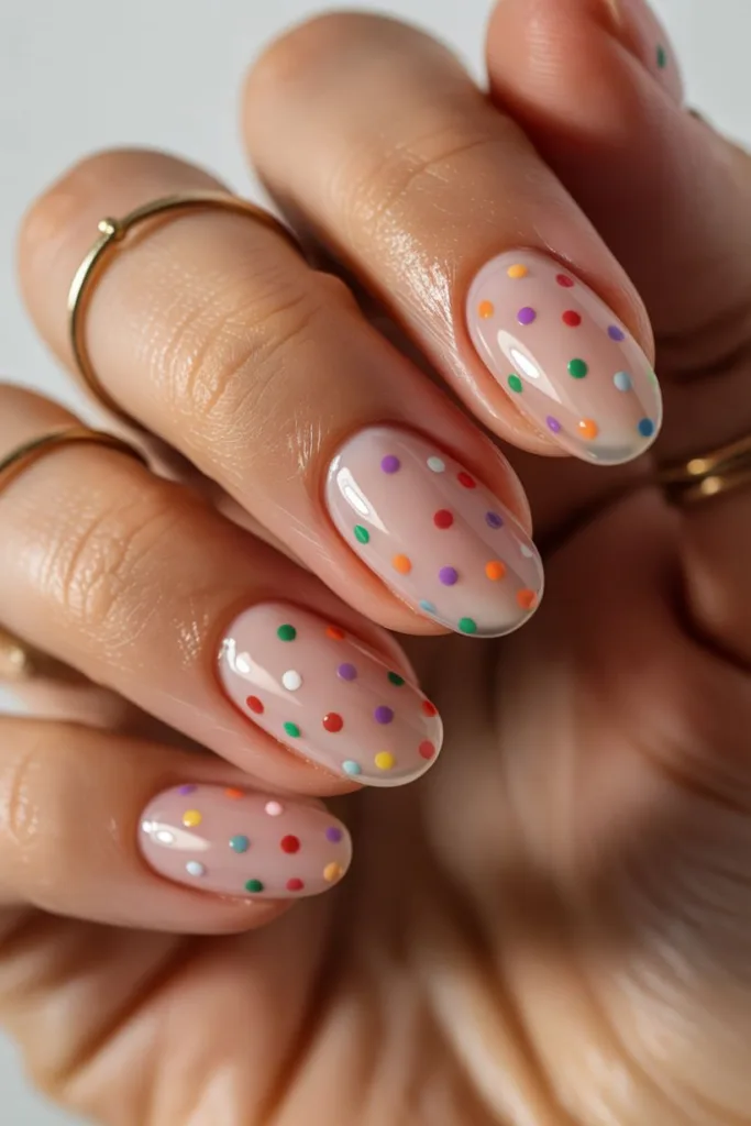 Bold and bright, this rainbow-inspired design is one of the most fun polka dot nail ideas you can try.