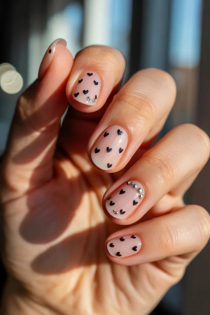 Hearts and rhinestones give these polka dot nail ideas a romantic, glam twist that’s totally swoon-worthy.