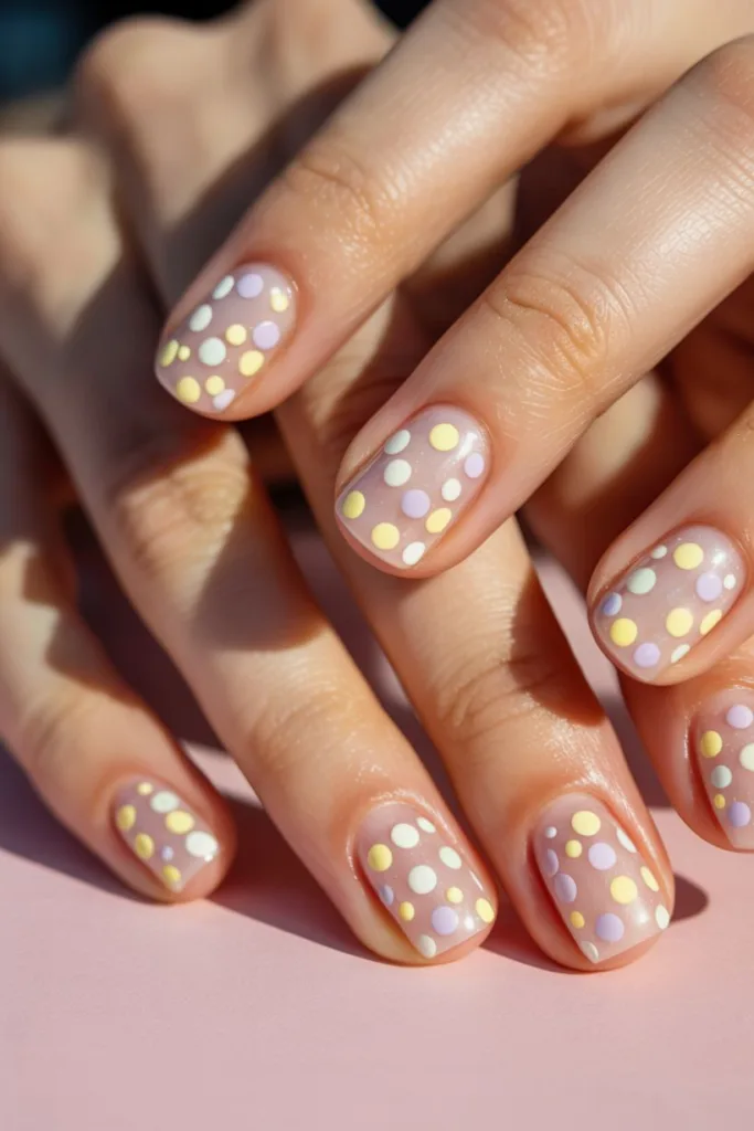 Pastel perfection! These soft-hued dots are dreamy polka dot nail ideas for spring and summer.