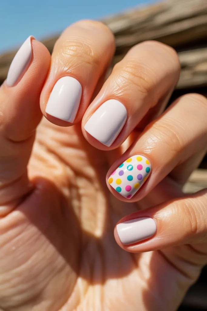 Clean white nails with a single dotted accent make these polka dot nail ideas modern, minimal, and super trendy.