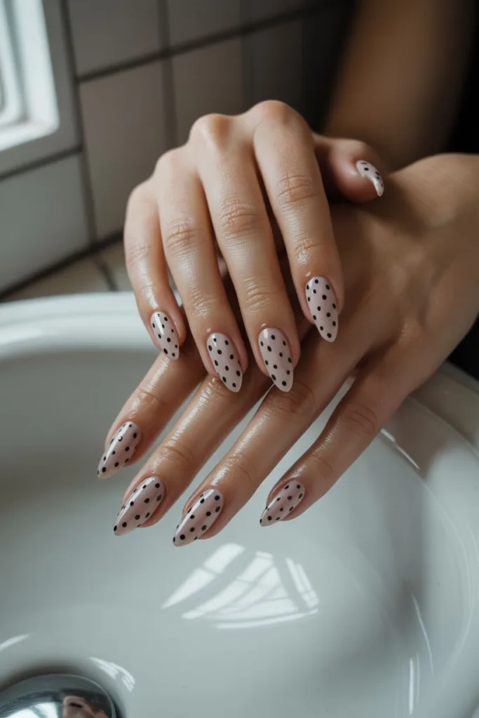 Classic nude meets timeless black dots — a must-try for fans of elegant polka dot nail ideas.