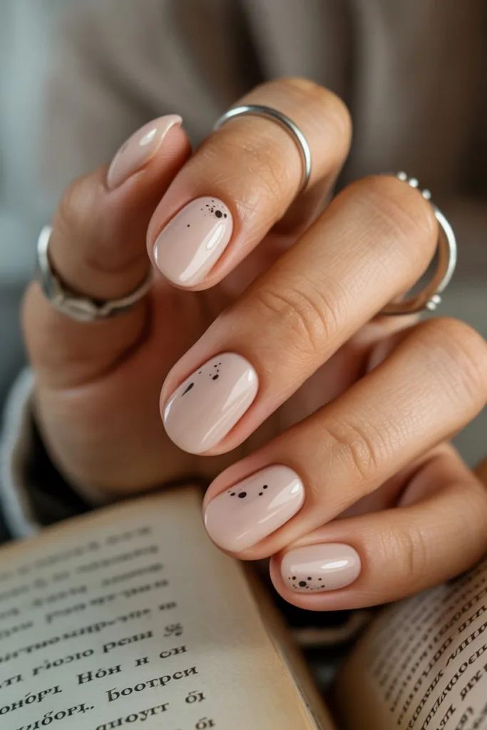 Minimalist polka dot nail ideas never looked so chic — these scattered black dots feel modern and artsy.