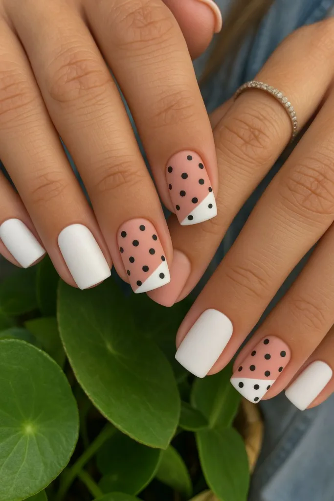 Minimalist yet bold! Soft matte white nails are paired with blush-toned accent nails featuring diagonal white tips and black polka dots. The design is clean, structured, and a bit retro, perfect for those who love soft tones with a playful twist.