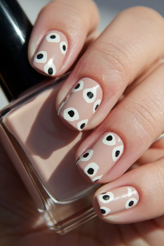 These nails make a statement! With a taupe-beige base, the design features large white-ringed black dots resembling an abstract eye or mod art pattern. Eye-catching and artsy, this look is ideal for trendsetters who love unique, contemporary nail art.