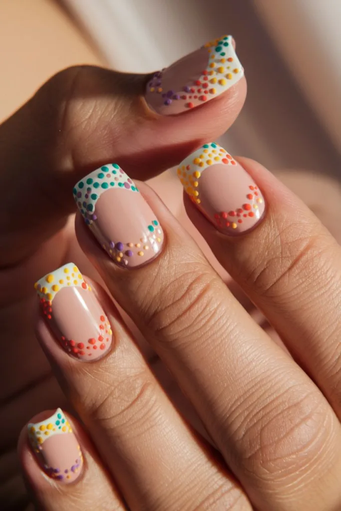 A nude sheer base creates the canvas for this intricate dot border art. Multicolored 3D polka dots in coordinated hues wrap around the tips like a fun dotted frame, bringing dimension and joy to each nail. It’s fun, festive, and totally Pinterest-worthy.