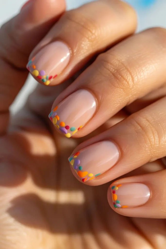 A playful twist on the classic French tip! These short square nails feature a sheer nude base with vibrant polka dots along the tips in a rainbow of colors like orange, lavender, red, yellow, and teal — creating a cheerful, confetti-like effect that's perfect for sunny days.