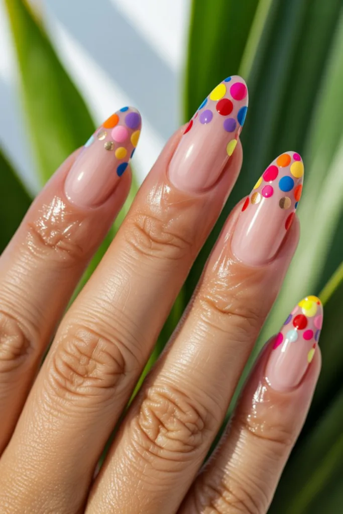 Ready to party? These rainbow dot tips are the ultimate bold and colorful polka dot nail idea.
