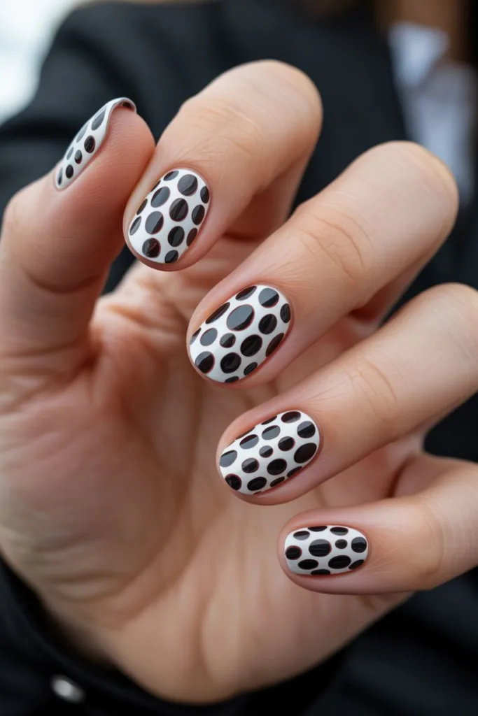 Graphic and artsy, these oversized monochrome dots are perfect if you love standout polka dot nail ideas.