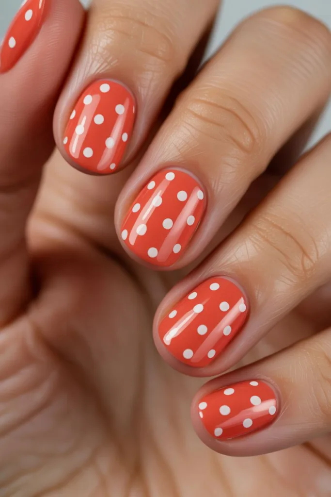 This coral red mani with crisp white dots gives off major summer vibes — a fresh take on polka dot nail ideas!